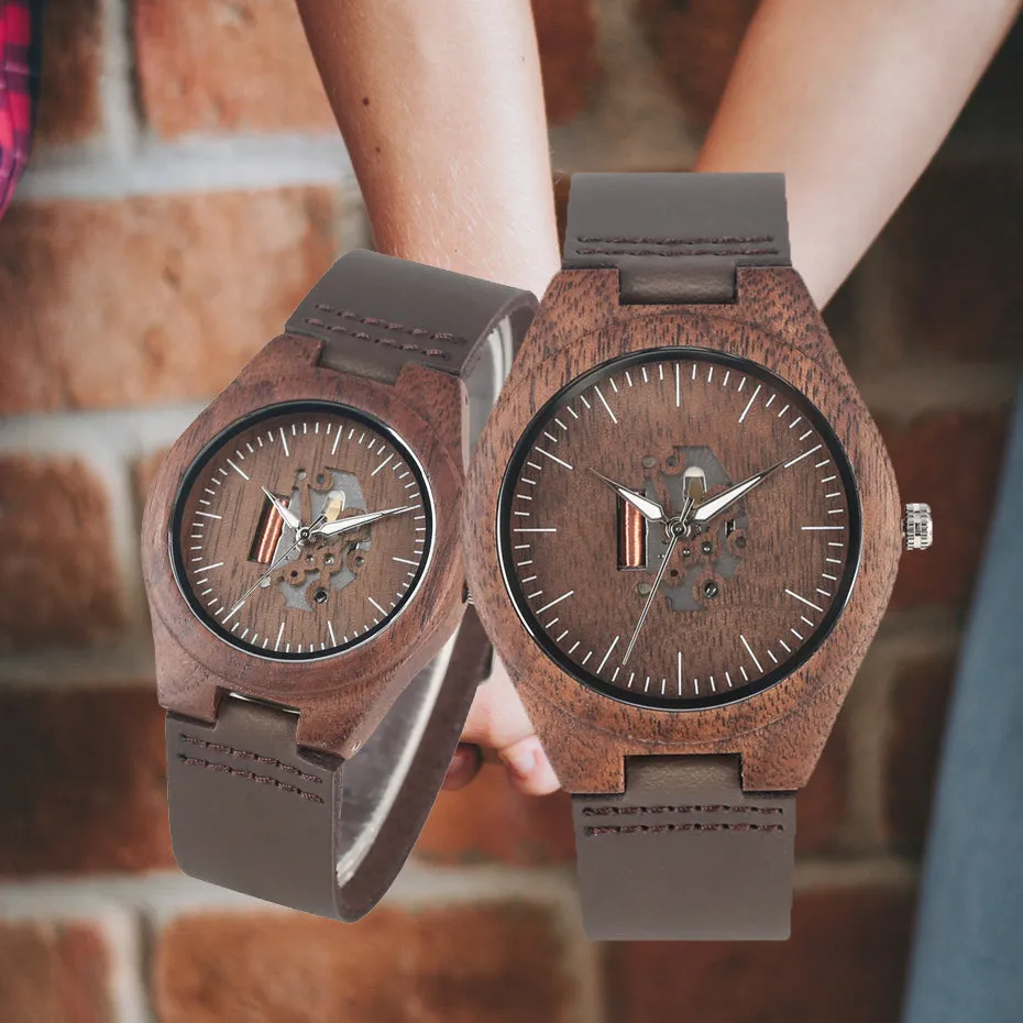 Coffee Brown Lovers Wood Watch Creative Arts Hollow Couple Timepiece Casual Men's Genuine Leather Watches Lady Wristwatches Gift