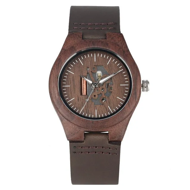 Coffee Brown Lovers Wood Watch Creative Arts Hollow Couple Timepiece Casual Men's Genuine Leather Watches Lady Wristwatches Gift