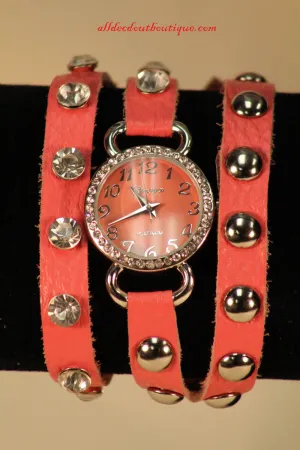 Coral/Coral Silver Studs & Clear Rhinestones | Leather Band w/ Button Clasp