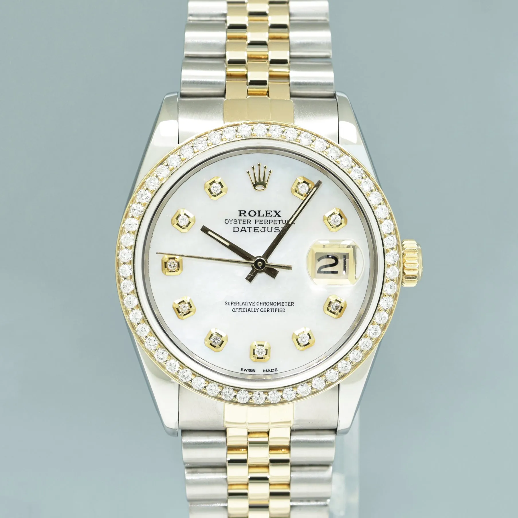 DIAMOND BEZEL Rolex DateJust 16233 Two-Tone Yellow Gold MOP Jubilee Watch Box