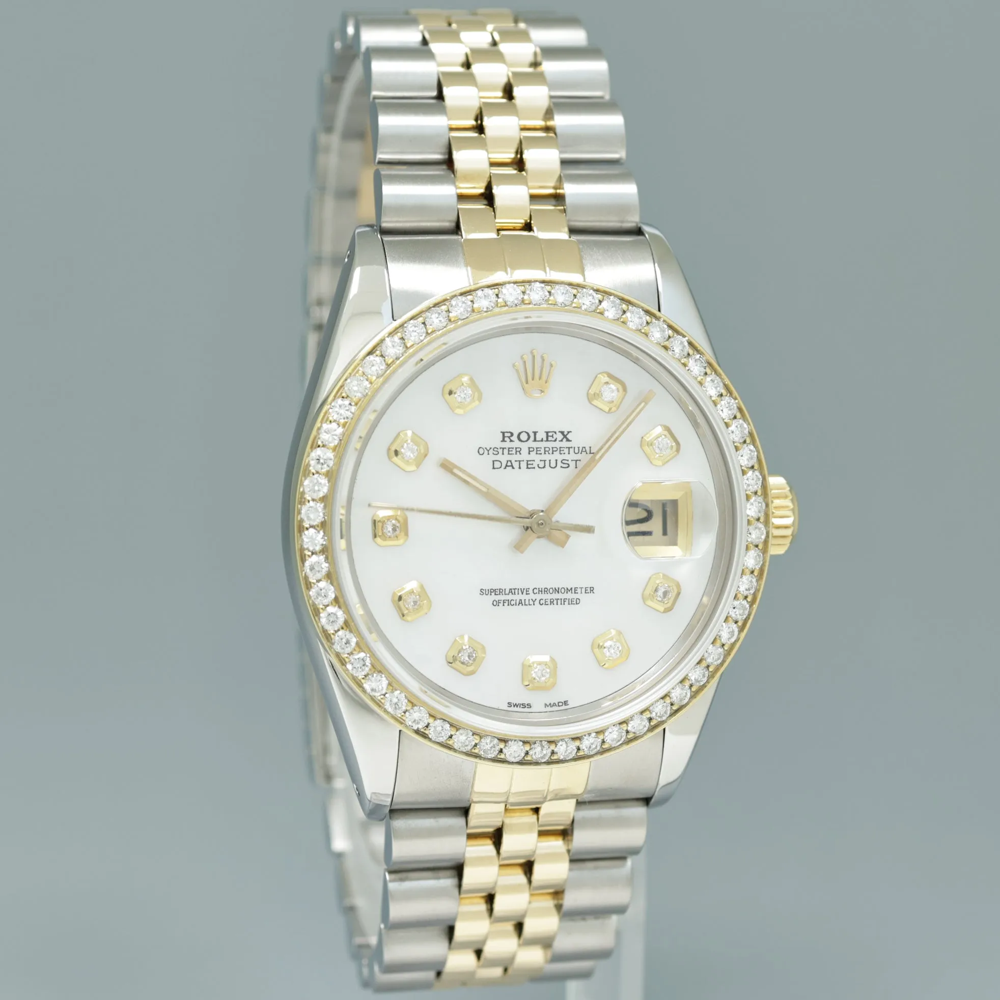 DIAMOND BEZEL Rolex DateJust 16233 Two-Tone Yellow Gold MOP Jubilee Watch Box