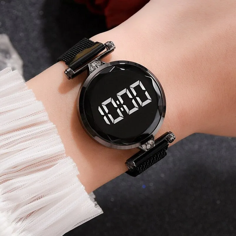 Digital Watch with Magnetic Mesh Band