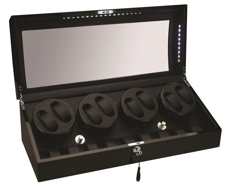 Diplomat Phantom LED Lit Black Wood Finish Eight Watch Winder