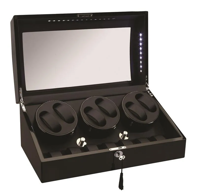 Diplomat Phantom LED Lit Black Wood Finish Six Watch Winder