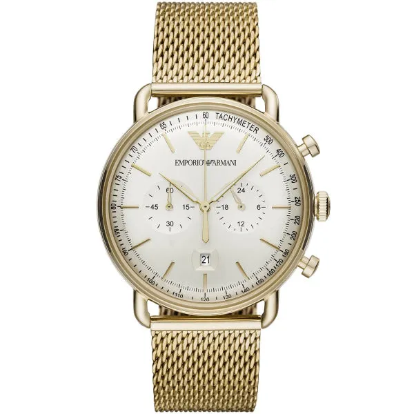 EMPORIO ARMANI Avaitor Gold Mesh Bracelet Cream Dial Quartz Watch for Gents - AR11315