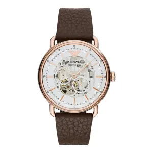 EMPORIO ARMANI Meccanico Brown Leather Strap White Dial Automatic Watch for Gents - AR60027