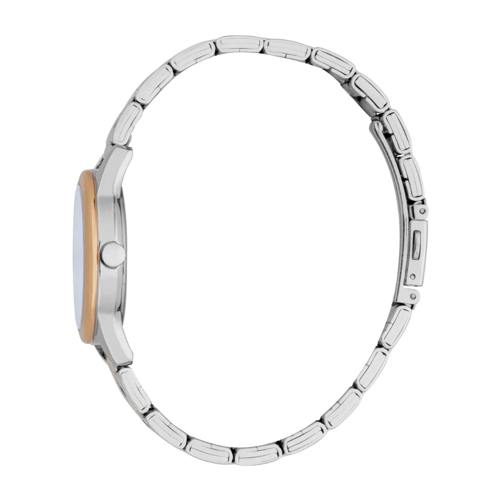 ESPRIT Women's Two Tone Silver and Rose Gold Color Watch with Dark Blue Dial and Metal Bracelet