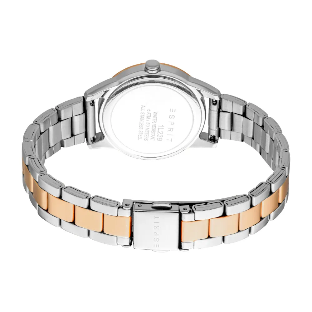 ESPRIT Women's Two Tone Silver and Rose Gold Color Watch with Dark Blue Dial and Metal Bracelet
