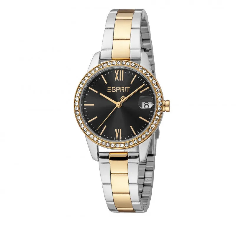 ESPRIT Women's Watches Two Tone Silver & Gold Case Braclet Watch With Black Dial