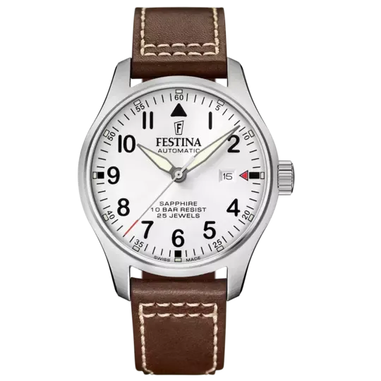 Festina F20151/1 Gents Automatic White Dial Brown Leather Strap Watch