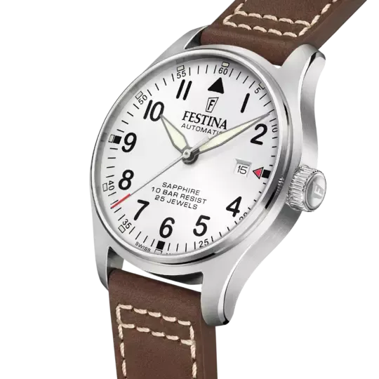 Festina F20151/1 Gents Automatic White Dial Brown Leather Strap Watch