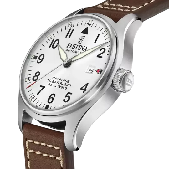 Festina F20151/1 Gents Automatic White Dial Brown Leather Strap Watch