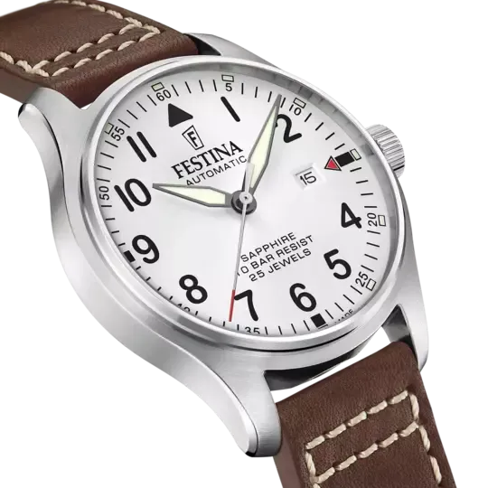 Festina F20151/1 Gents Automatic White Dial Brown Leather Strap Watch