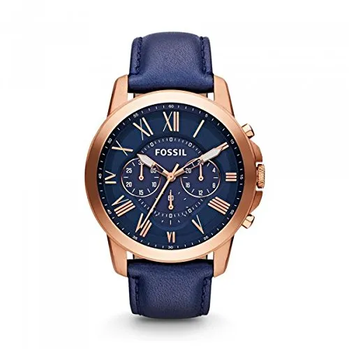 Fossil Men's Grant Quartz Stainless Steel and Leather Chronograph Watch, Color: Rose Gold, Navy (Model: FS4835)