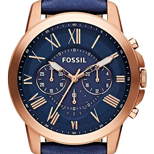 Fossil Men's Grant Quartz Stainless Steel and Leather Chronograph Watch, Color: Rose Gold, Navy (Model: FS4835)