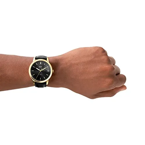 Fossil Men's Minimalist Solar-Powered Stainless Steel and Eco-Leather Watch, Color: Gold, Black (Model: FS5840)