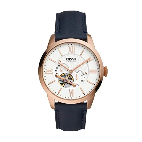 Fossil Men's Townsman Automatic Stainless Steel and Leather Two-Hand Subeye Watch, Color: Rose Gold/Navy (Model: ME3171)
