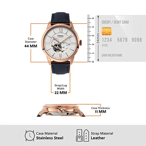 Fossil Men's Townsman Automatic Stainless Steel and Leather Two-Hand Subeye Watch, Color: Rose Gold/Navy (Model: ME3171)