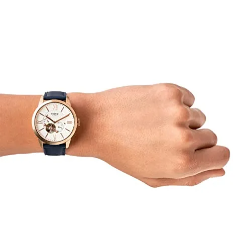 Fossil Men's Townsman Automatic Stainless Steel and Leather Two-Hand Subeye Watch, Color: Rose Gold/Navy (Model: ME3171)