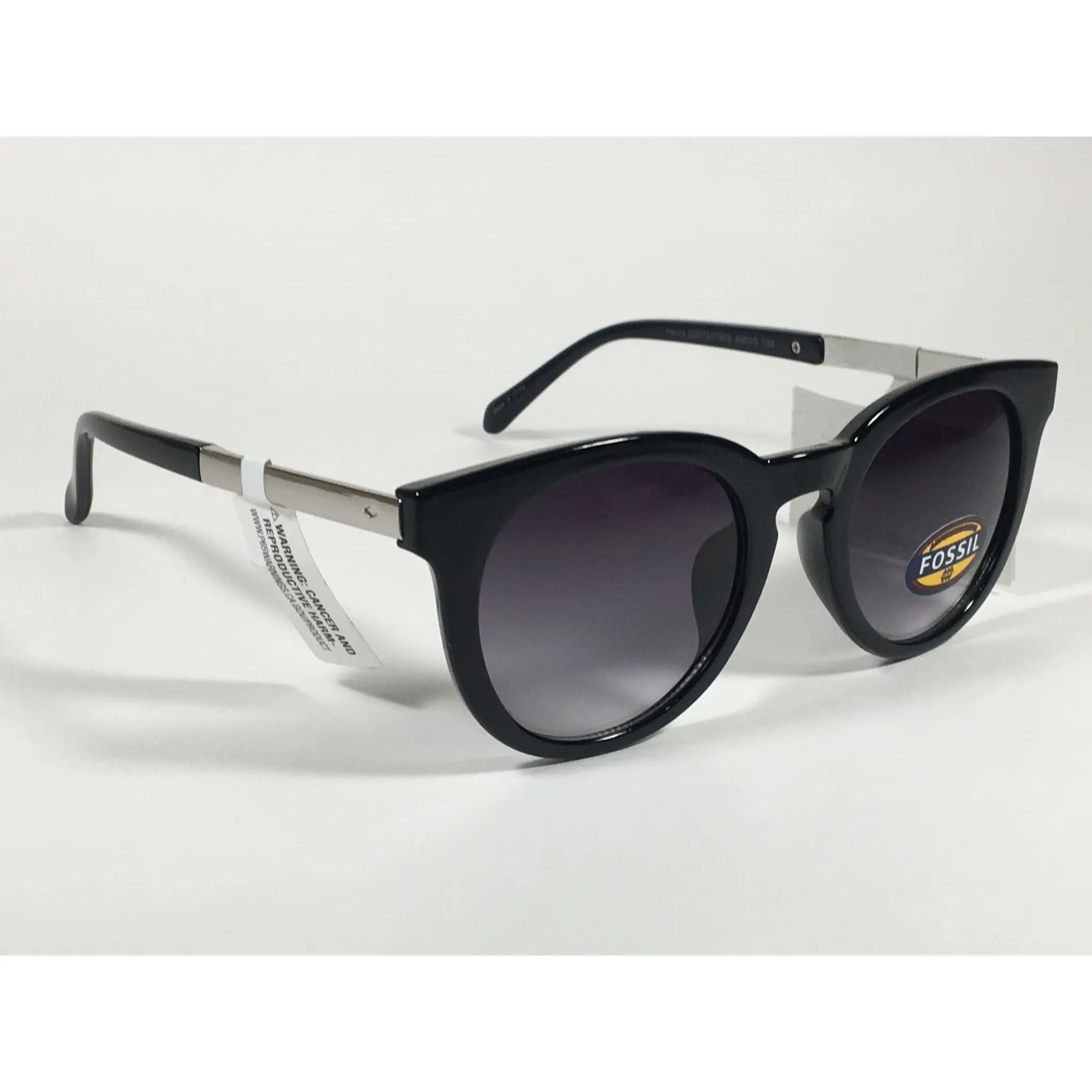 Fossil Round Keyhole Sunglasses FW109 Black Silver Frame Gray Gradient Lens