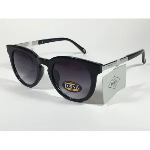 Fossil Round Keyhole Sunglasses FW109 Black Silver Frame Gray Gradient Lens