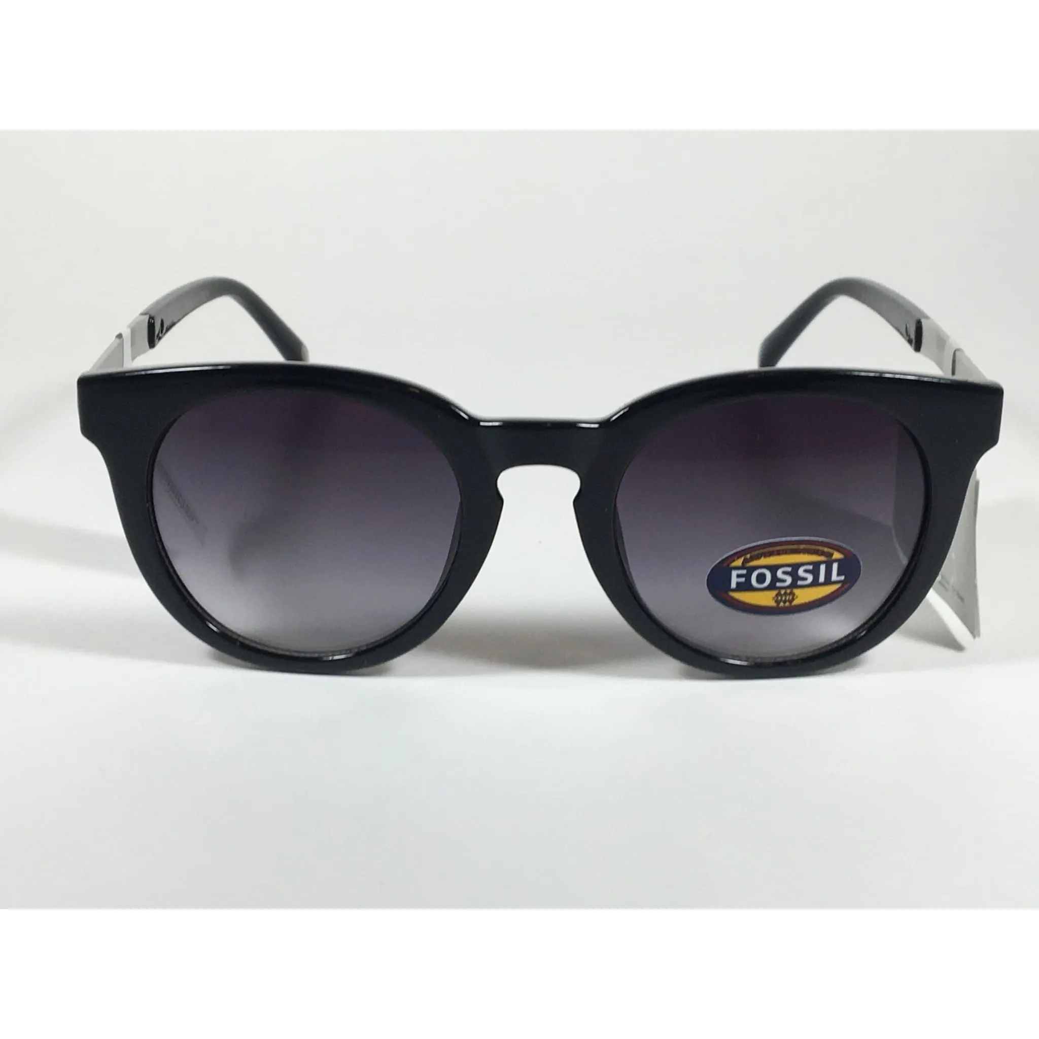Fossil Round Keyhole Sunglasses FW109 Black Silver Frame Gray Gradient Lens