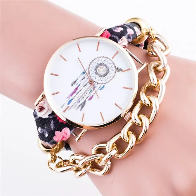 FUNIQUE Boho New Women Wrist Watches Flower Dreamcatcher Dream Catcher Watch Leather Gold Chains Ladies Bracelet Watch