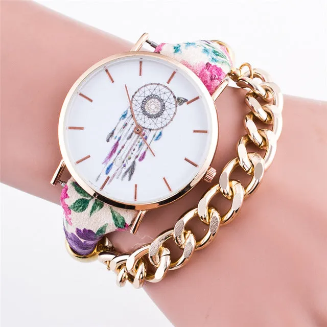 FUNIQUE Boho New Women Wrist Watches Flower Dreamcatcher Dream Catcher Watch Leather Gold Chains Ladies Bracelet Watch