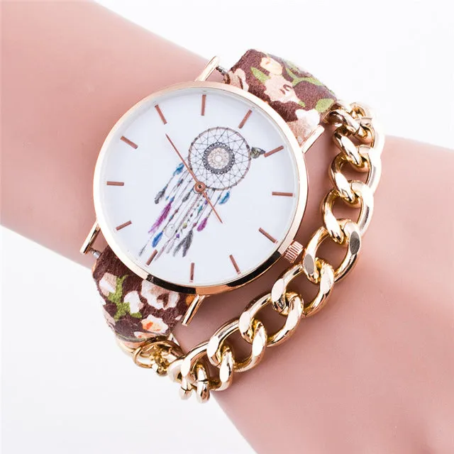 FUNIQUE Boho New Women Wrist Watches Flower Dreamcatcher Dream Catcher Watch Leather Gold Chains Ladies Bracelet Watch