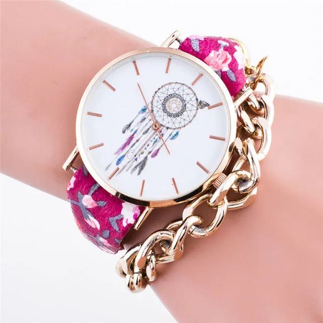 FUNIQUE Boho New Women Wrist Watches Flower Dreamcatcher Dream Catcher Watch Leather Gold Chains Ladies Bracelet Watch