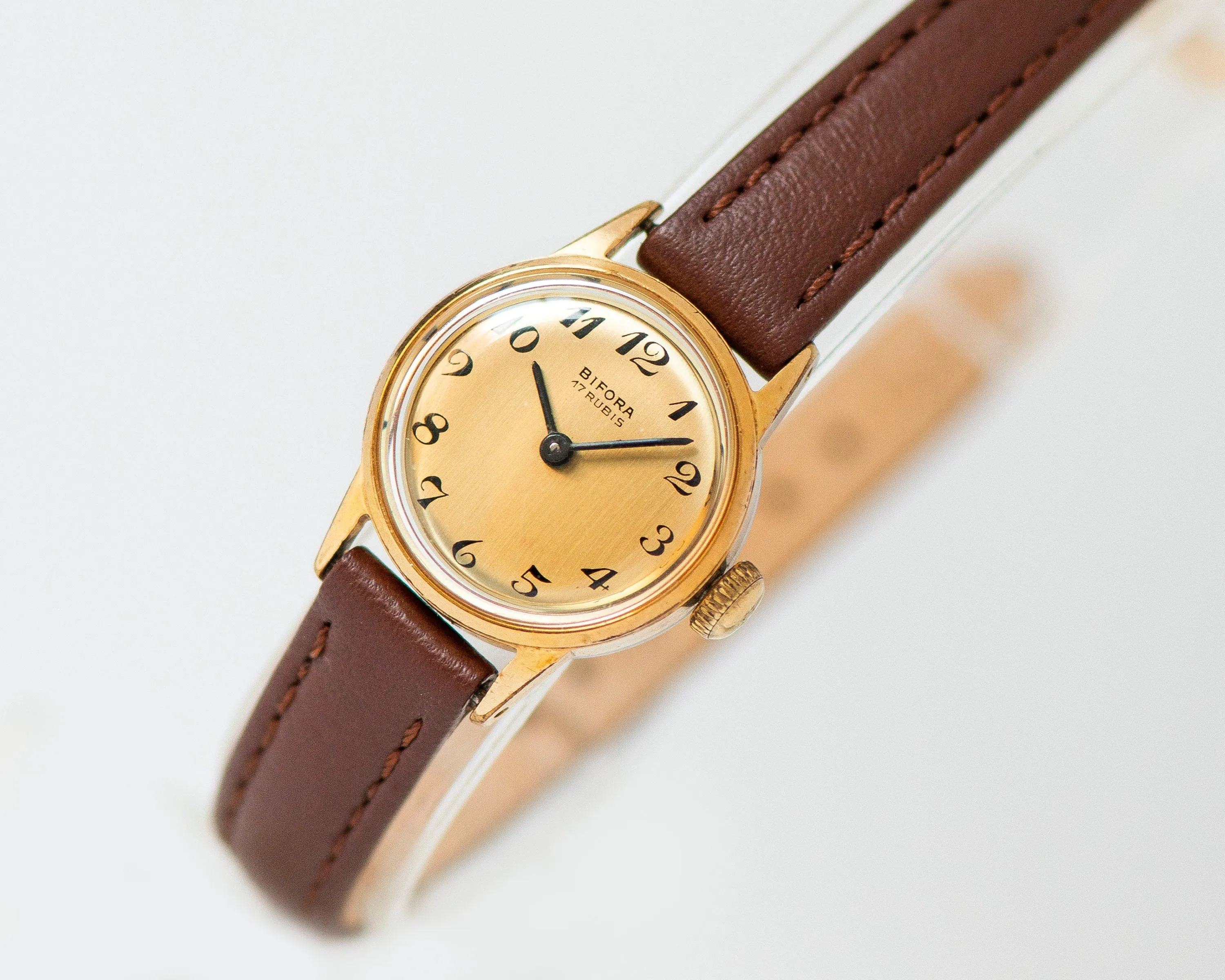 Gold plated women wristwatch Bifora vintage, small wristwatch for women, delicate girl watch classic jewelry gift, new genuine leather strap