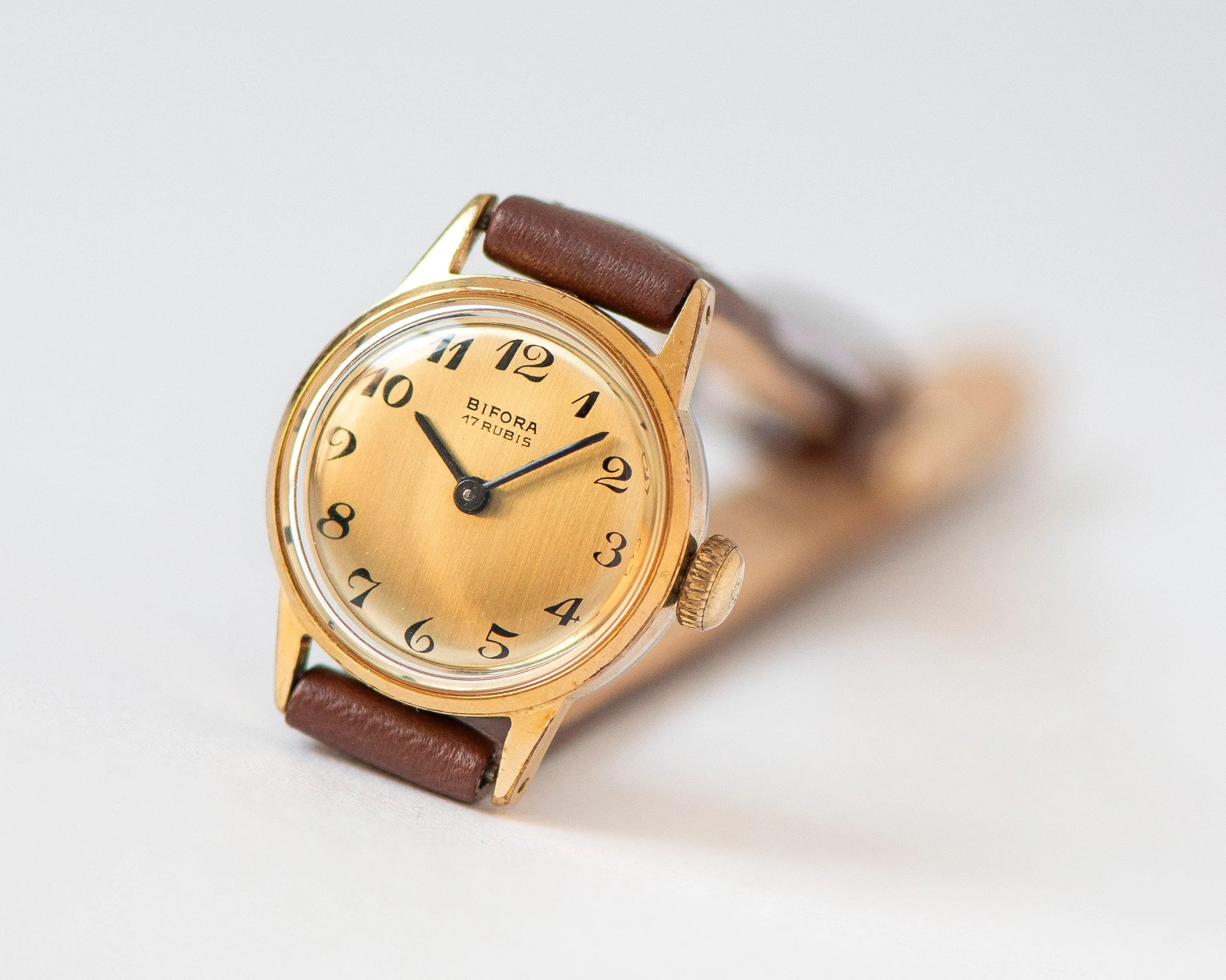 Gold plated women wristwatch Bifora vintage, small wristwatch for women, delicate girl watch classic jewelry gift, new genuine leather strap