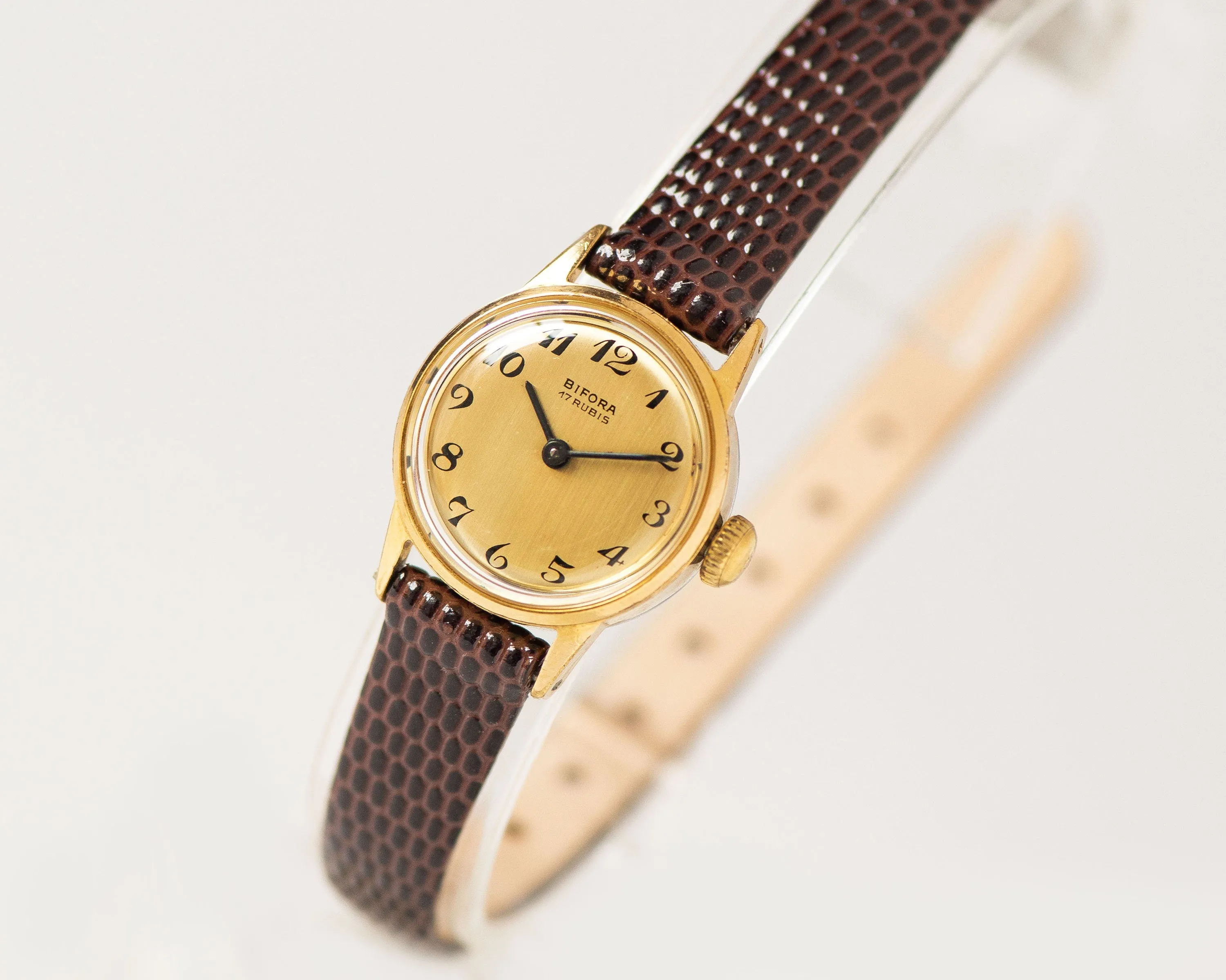Gold plated women wristwatch Bifora vintage, small wristwatch for women, delicate girl watch classic jewelry gift, new genuine leather strap
