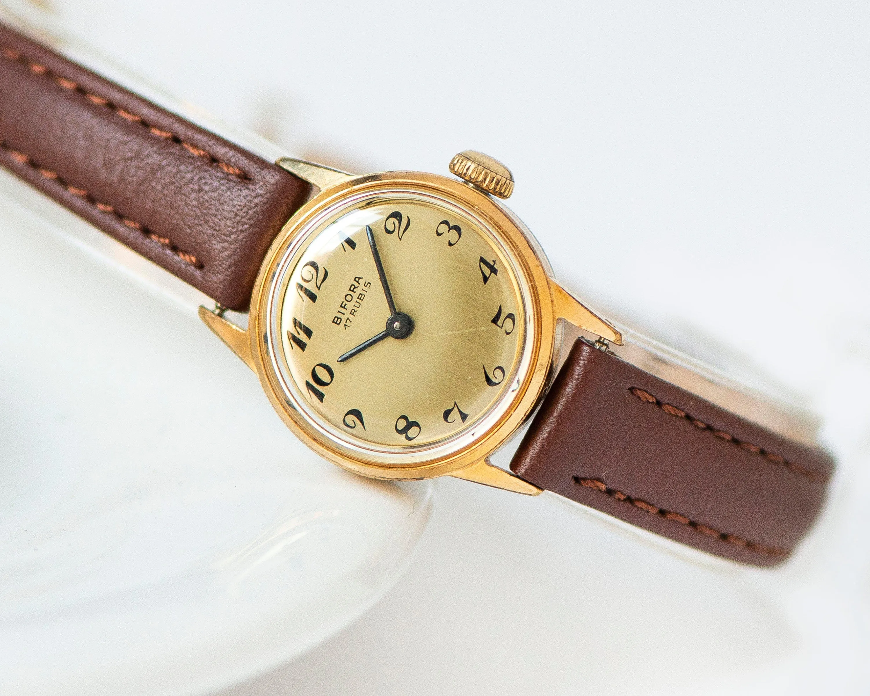 Gold plated women wristwatch Bifora vintage, small wristwatch for women, delicate girl watch classic jewelry gift, new genuine leather strap