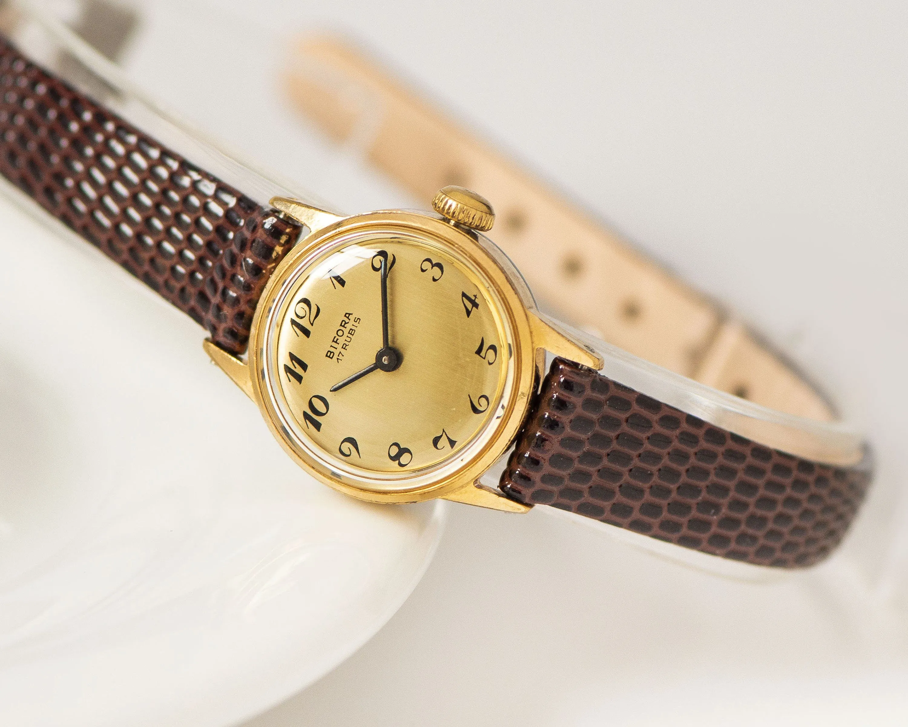 Gold plated women wristwatch Bifora vintage, small wristwatch for women, delicate girl watch classic jewelry gift, new genuine leather strap