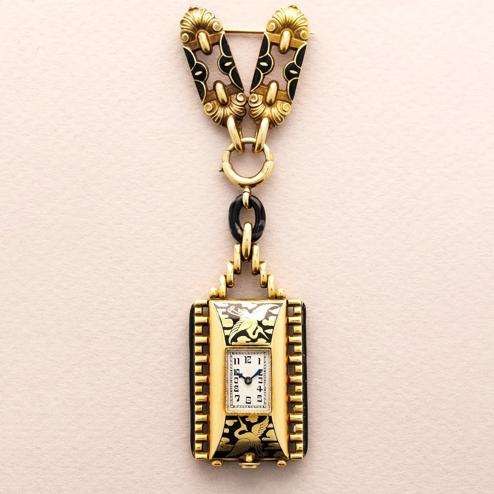 Gruen Art Deco Yellow Gold & Jade Lapel Watch (Objet)