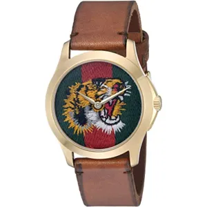 Gucci Le MarchÃƒÆ’Ã‚Â© Des Merveilles Tiger Motif Brown Leather Strap Green Dial Quartz Unisex Watch - GUCCI YA 126497