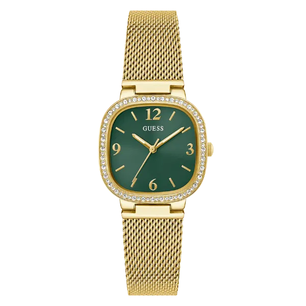 Guess Tapestry Gold Mesh Bracelet Green Dial Quartz Watch for Ladies - GW0354L5