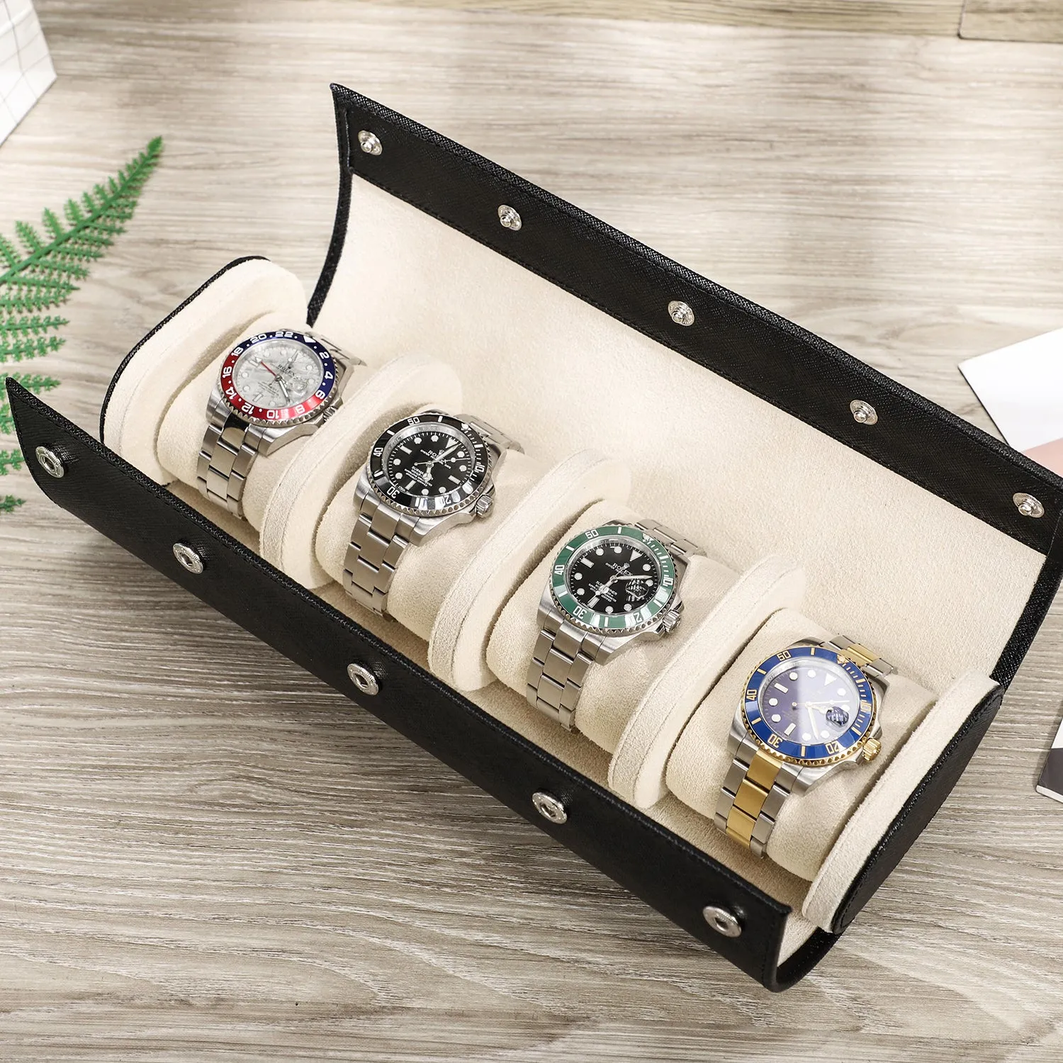 Handcrafted Leather Watch Roll Travel Case with 4 Slots