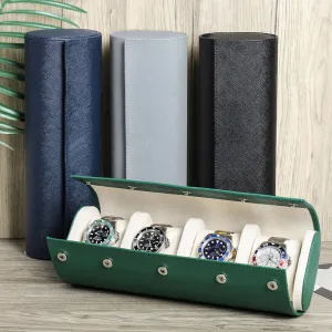 Handcrafted Leather Watch Roll Travel Case with 4 Slots