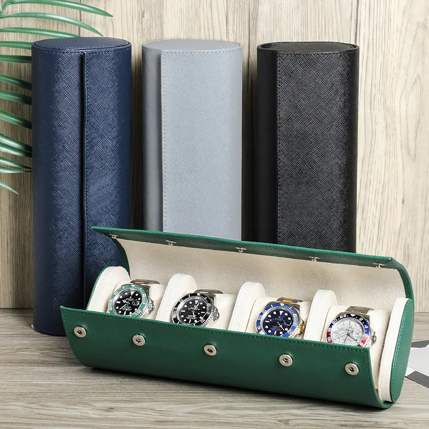 Handcrafted Leather Watch Roll Travel Case with 4 Slots