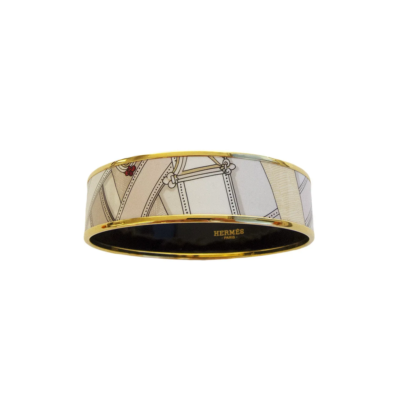 Hermes Cavalcadour Tan Gold Printed Enamel Bracelet GM 70mm Gorgeous