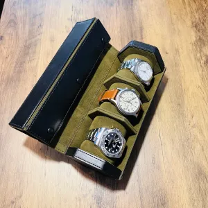 Hexagonal Leather, 3 Watch Roll, Black