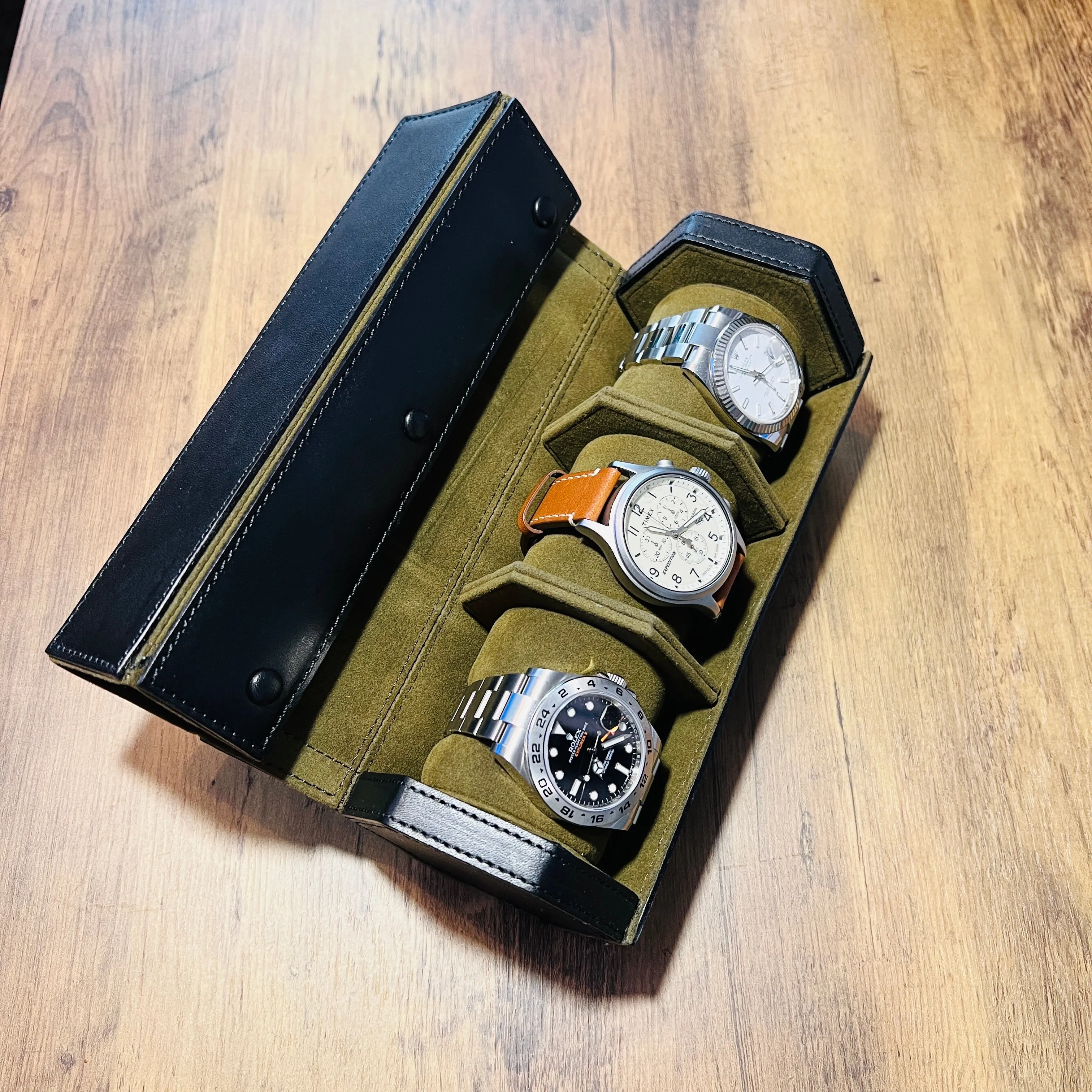 Hexagonal Leather, 3 Watch Roll, Black