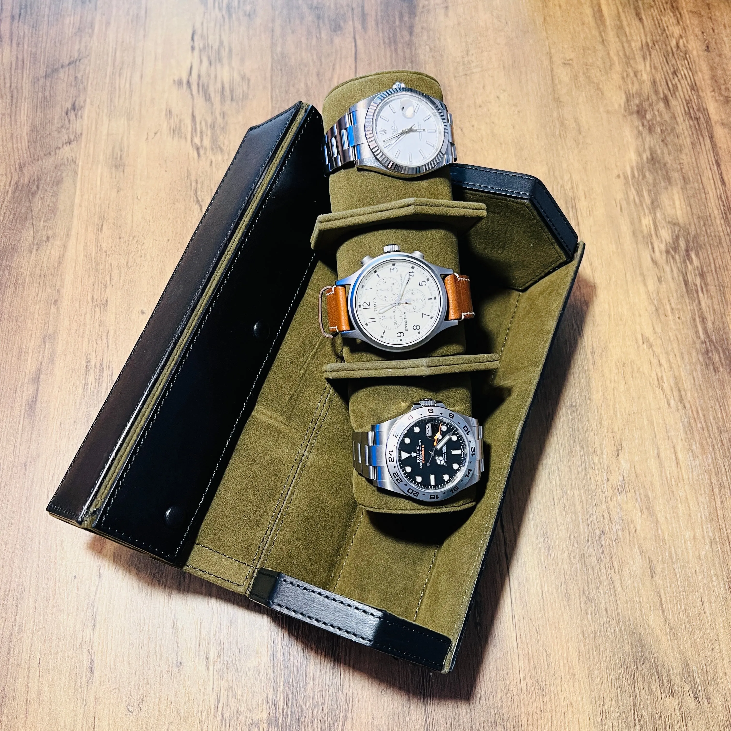 Hexagonal Leather, 3 Watch Roll, Black