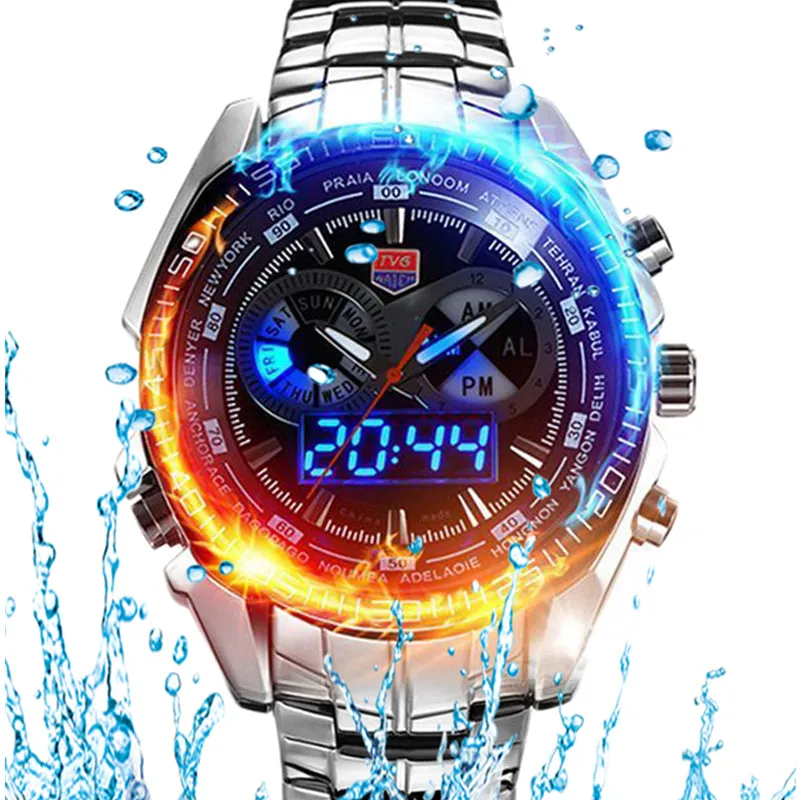 HOT Brand TVG Stainless Steel Black Men's Clock Fashion Blue Binary LED Pointer Mens 5ATM Waterproof Watches free shipping