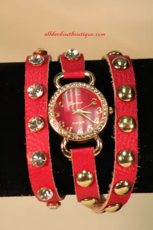 Hot Pink/Hot Pink Gold Studs & Clear Rhinestones | Leather Band w/ Button Clasp