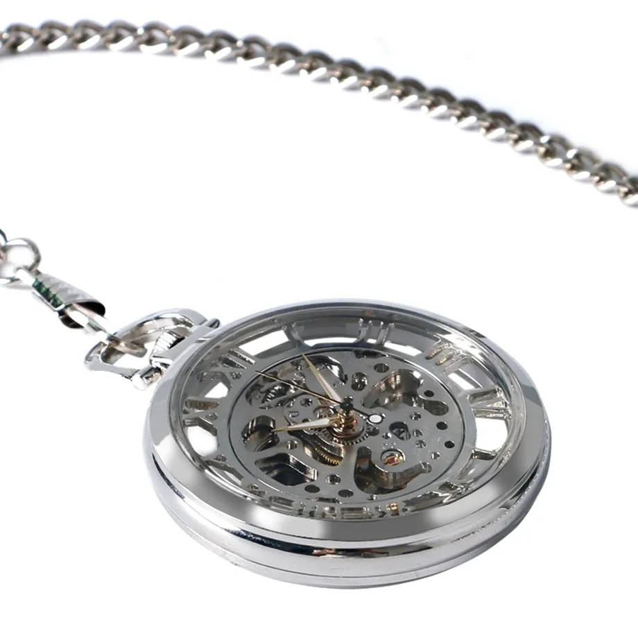 Hot Sale Elegant Fashion Classic Transparent Skeleton Silver Mechanical Hand Wind Poket Watch for Girls relogio de bolso