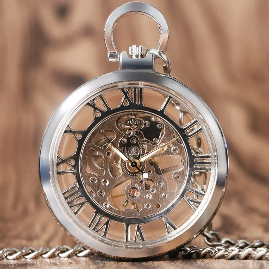 Hot Sale Elegant Fashion Classic Transparent Skeleton Silver Mechanical Hand Wind Poket Watch for Girls relogio de bolso
