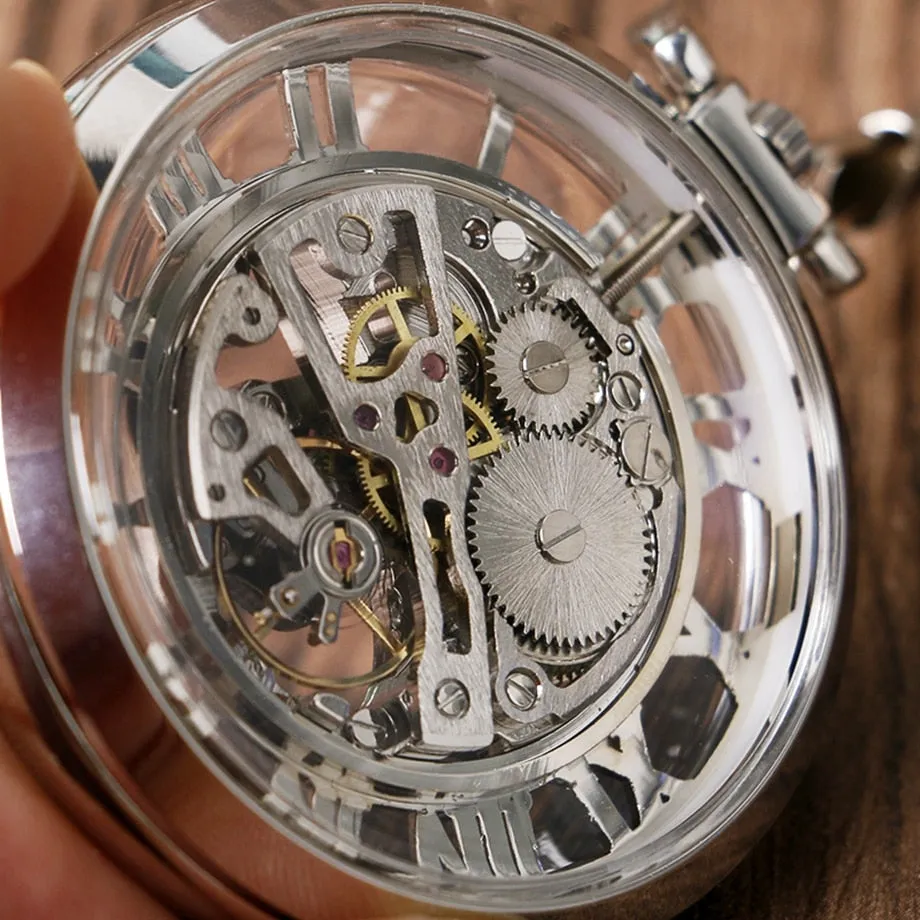 Hot Sale Elegant Fashion Classic Transparent Skeleton Silver Mechanical Hand Wind Poket Watch for Girls relogio de bolso